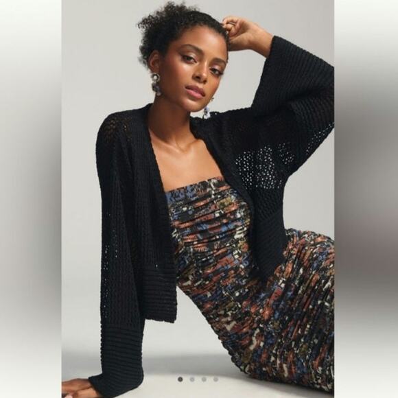 NWT By Anthropologie Julliet Cropped Open Knit Cardigan Sweater Black One Size - Picture 1 of 16